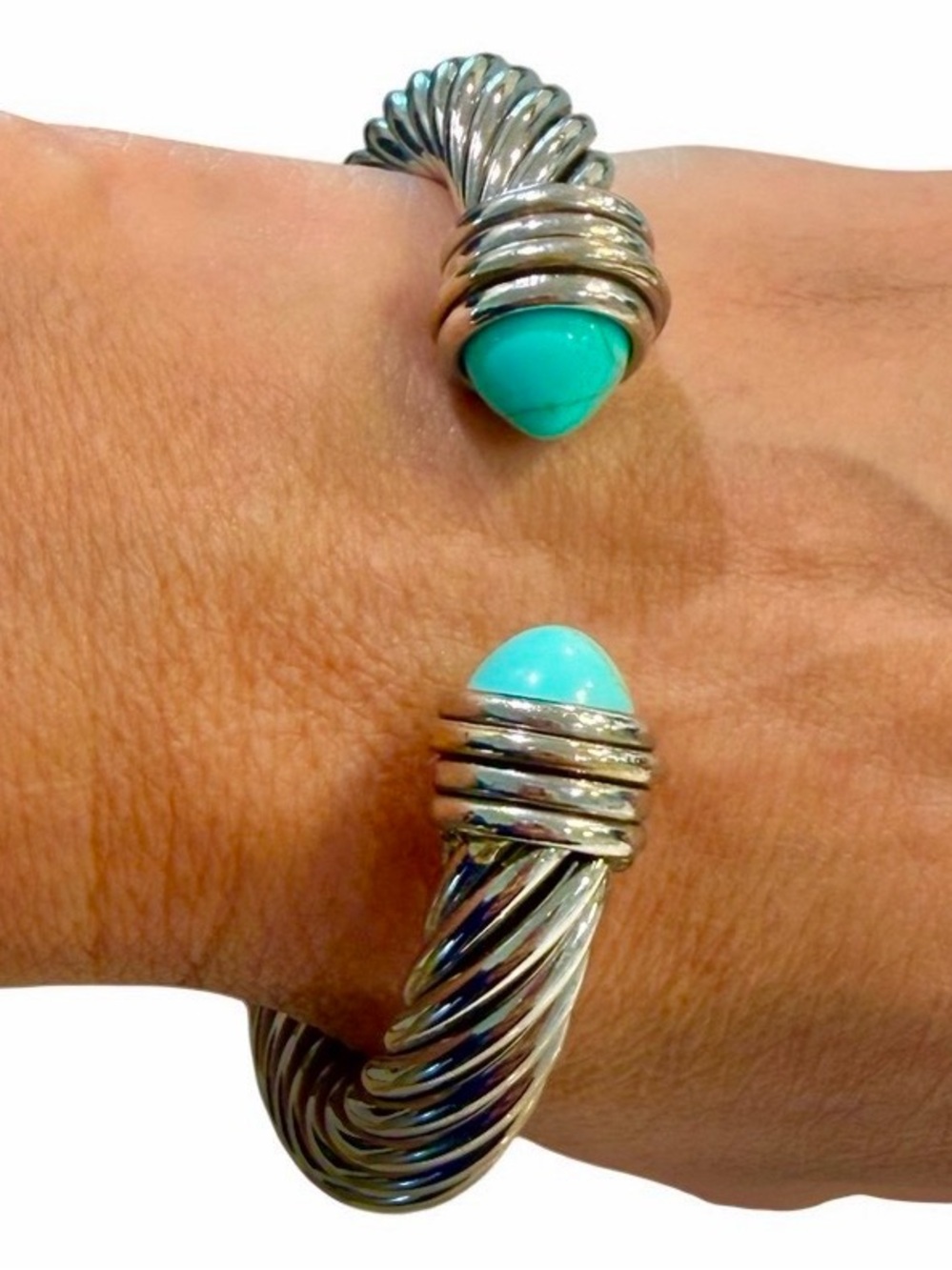 Chunky Silver-Tone Twisted Cable Hinged Cuff Bracelet with Faux-Turquoise Stones